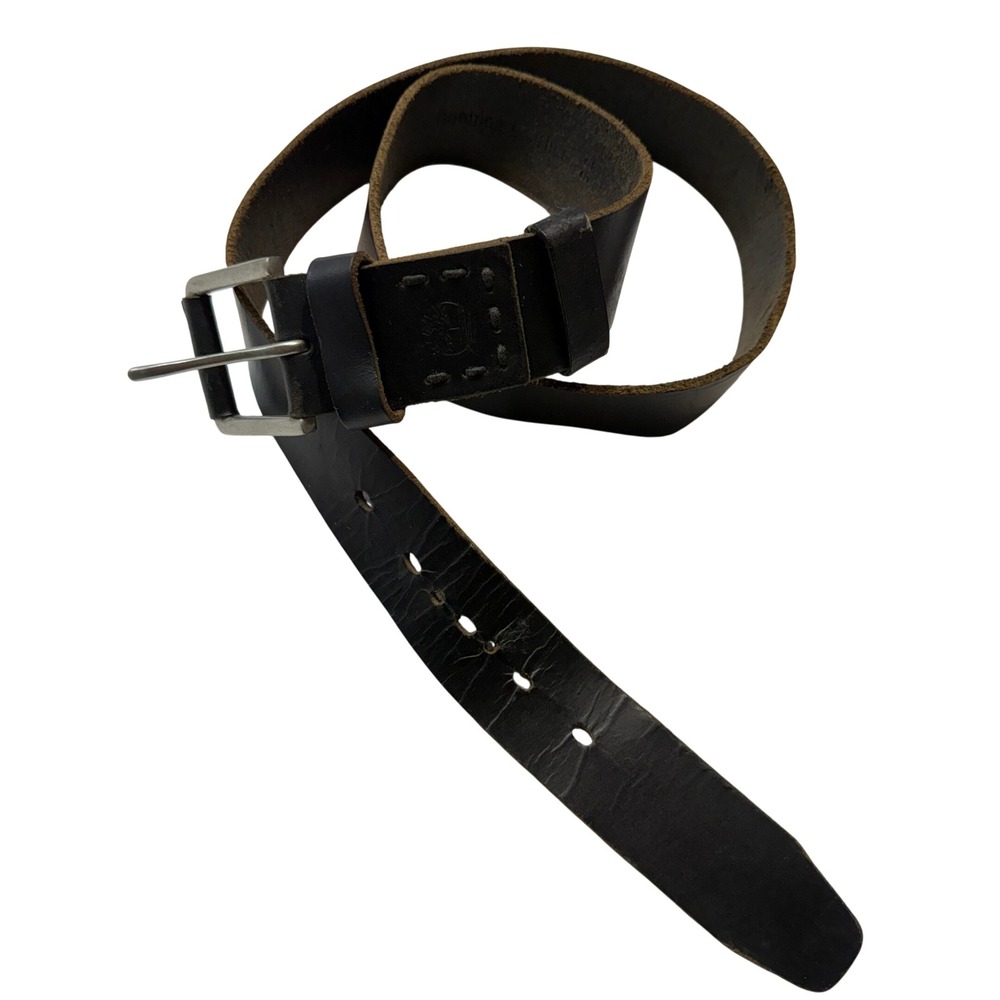 Timberland Mens Black Genuine Leather Belt Size 36 Silver Buckle Rugged Casual